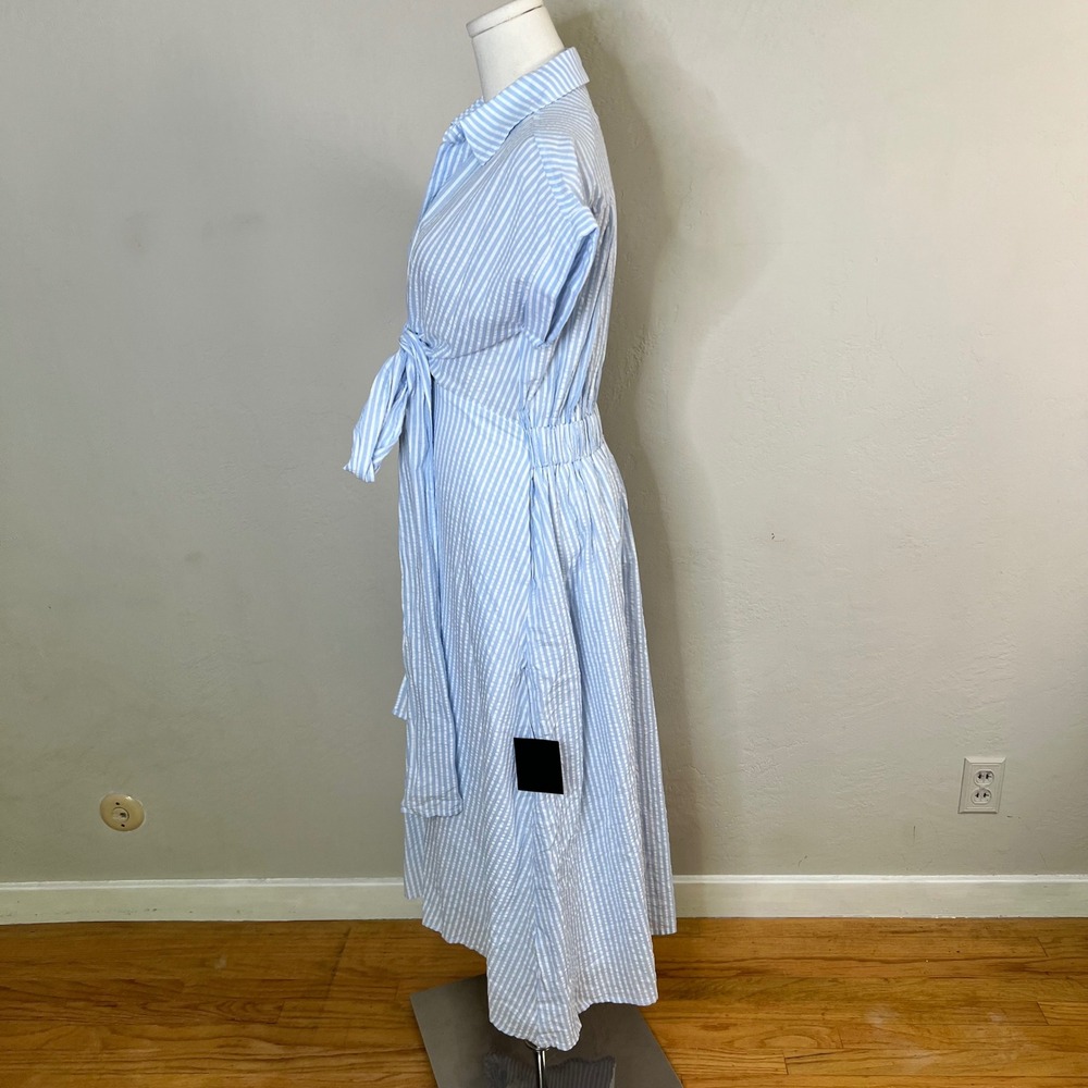 Lulus Blue White Striped Seersucker Tie Collared Midi Dress Size Small NWT - Picture 4 of 11